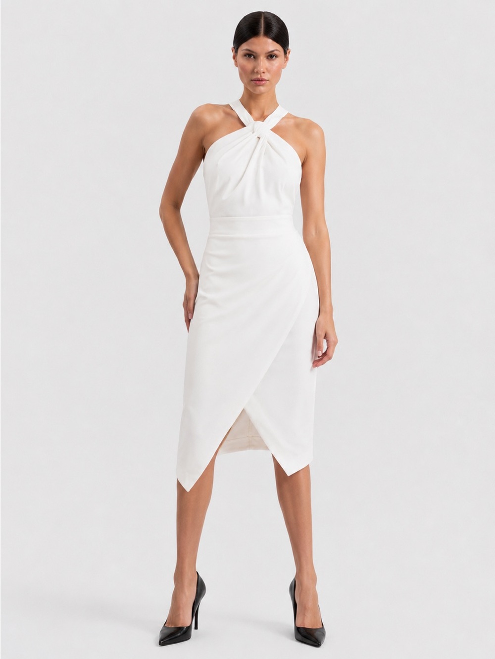 Harlyn White Twist Halter Midi Dress Open Back Asymmetrical Hem Size M